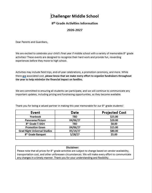 8th grade activity information / informacion de octavo grado
